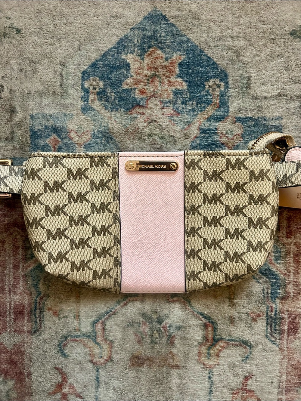 Michael Kors Belt Bag MK Logo Crossbody Purse Fall Pink Card Holder Gold Fanny